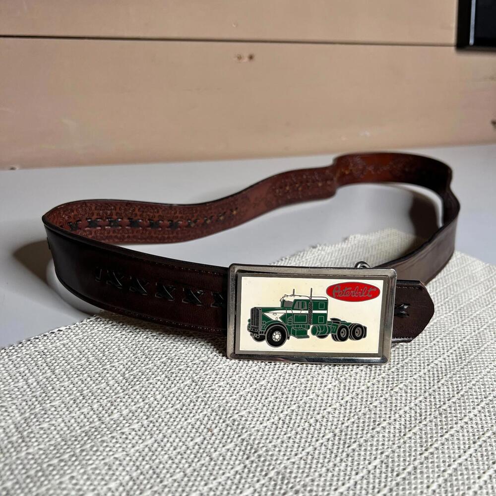Vintage Peterbilt Leather Belt with Truck Buckle Brown Western Trucker USA Style